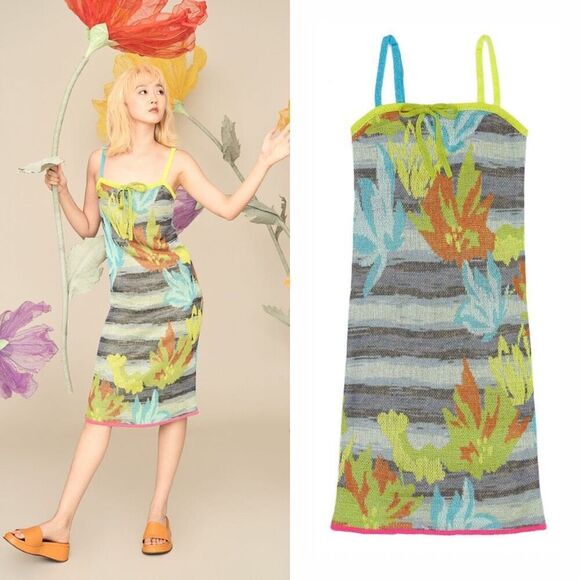 Yanyan Lily Sleeveless Knit Midi Dress in Midnight Linen Jacquard Size XS - Picture 1 of 11